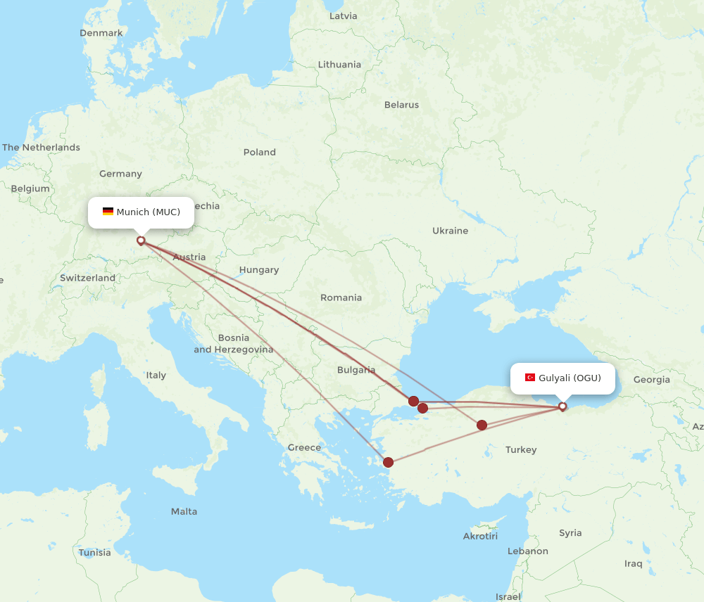 MUC to OGU flights and routes map