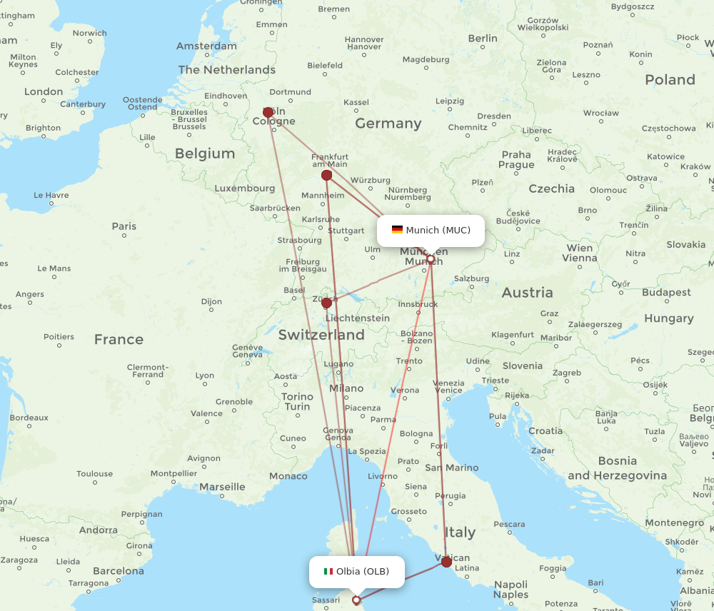 MUC to OLB flights and routes map