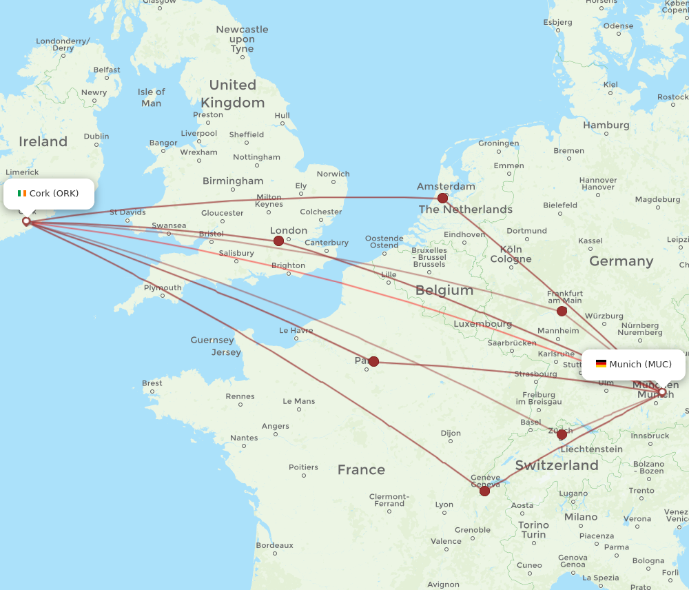MUC to ORK flights and routes map