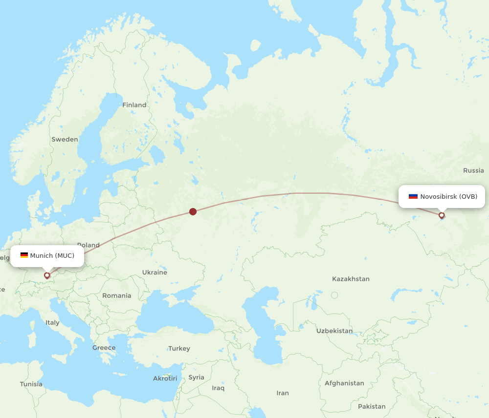 Munich - Novosibirsk route map and flight paths