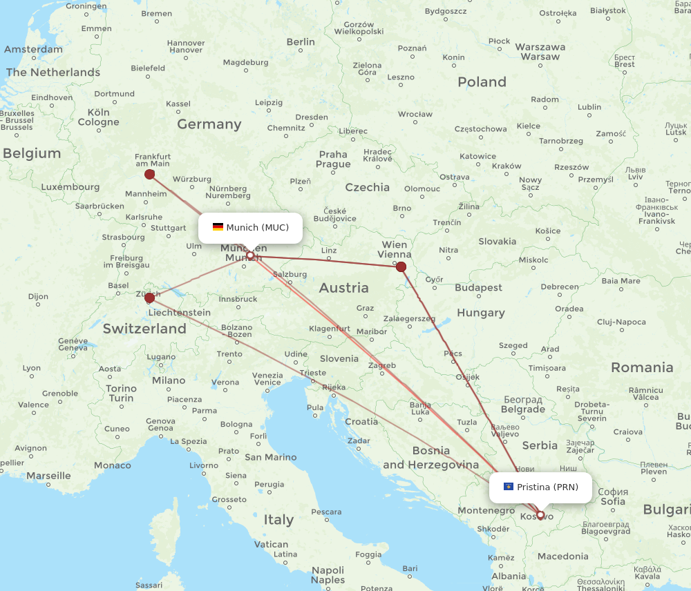 MUC to PRN flights and routes map