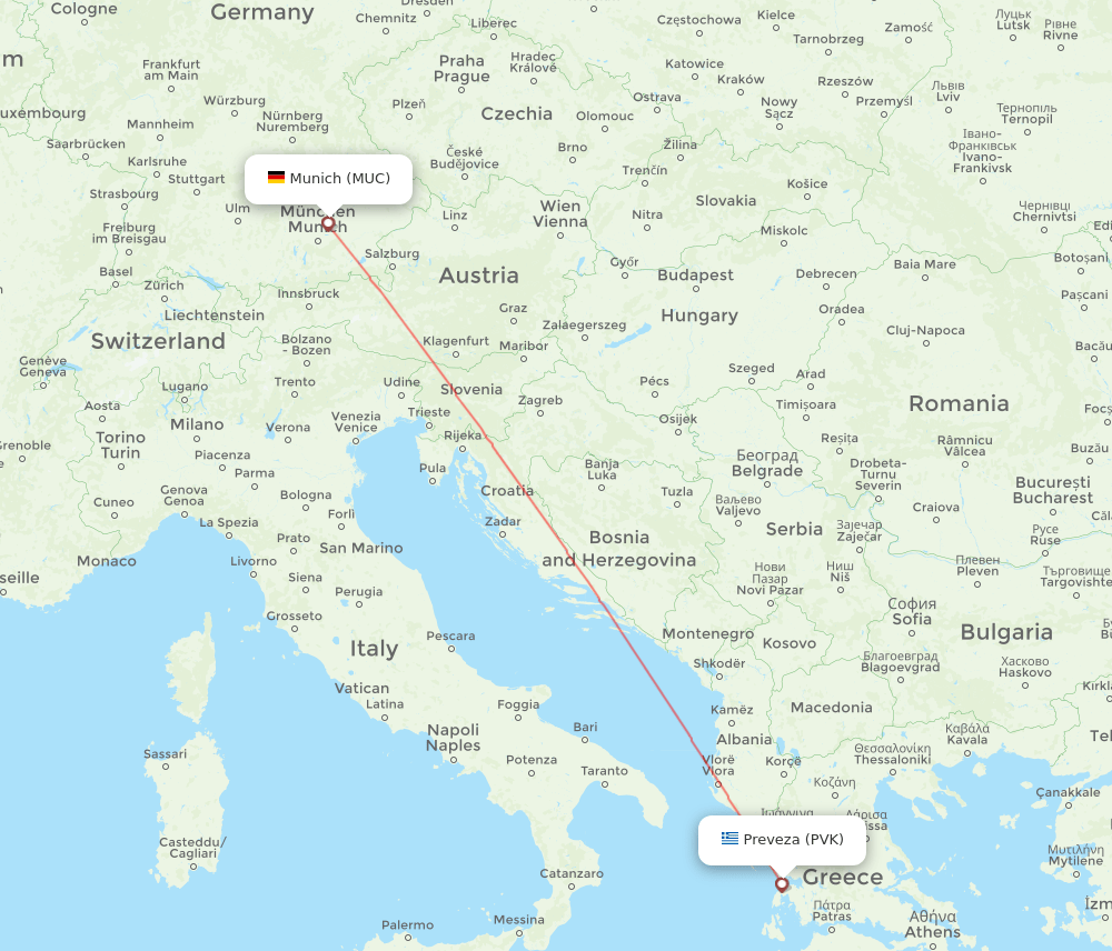 MUC to PVK flights and routes map