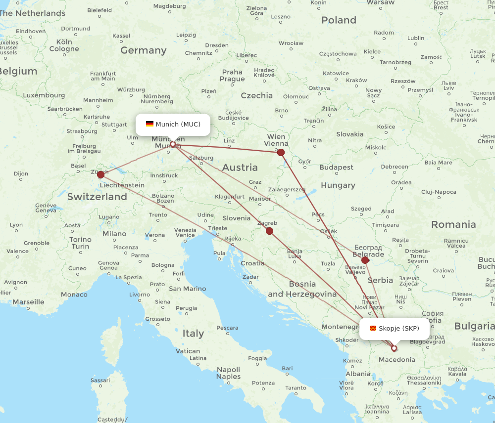MUC to SKP flights and routes map