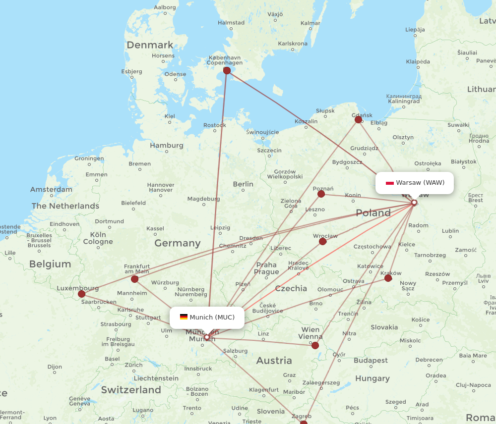 MUC to WAW flights and routes map