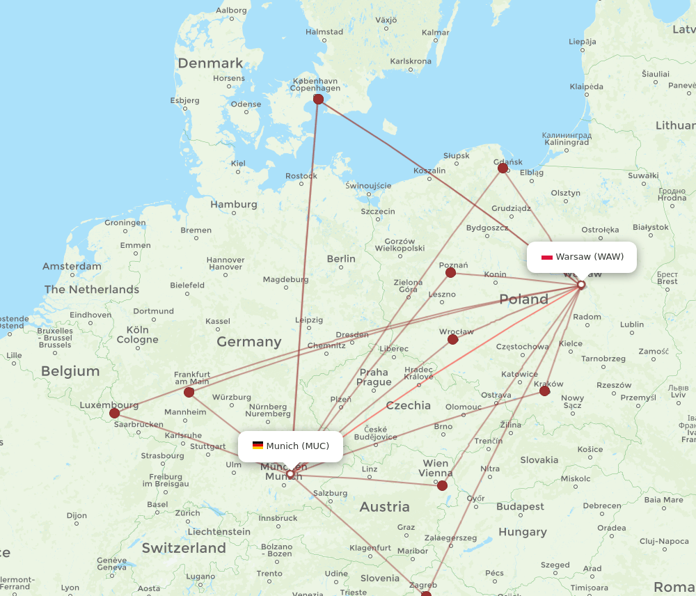MUC-WAW flight routes