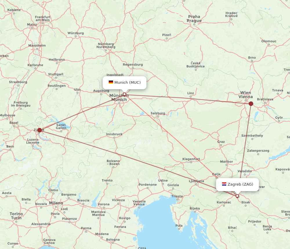 MUC to ZAG flights and routes map