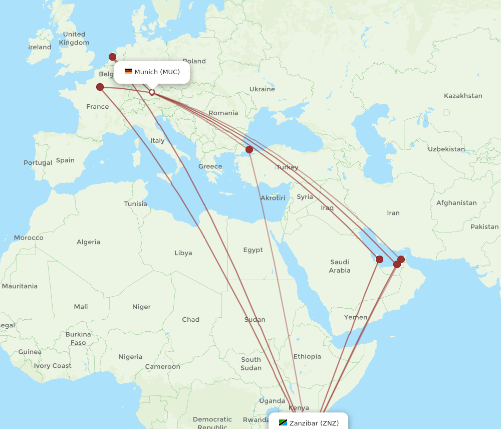 Zanzibar - Munich route map and flight paths