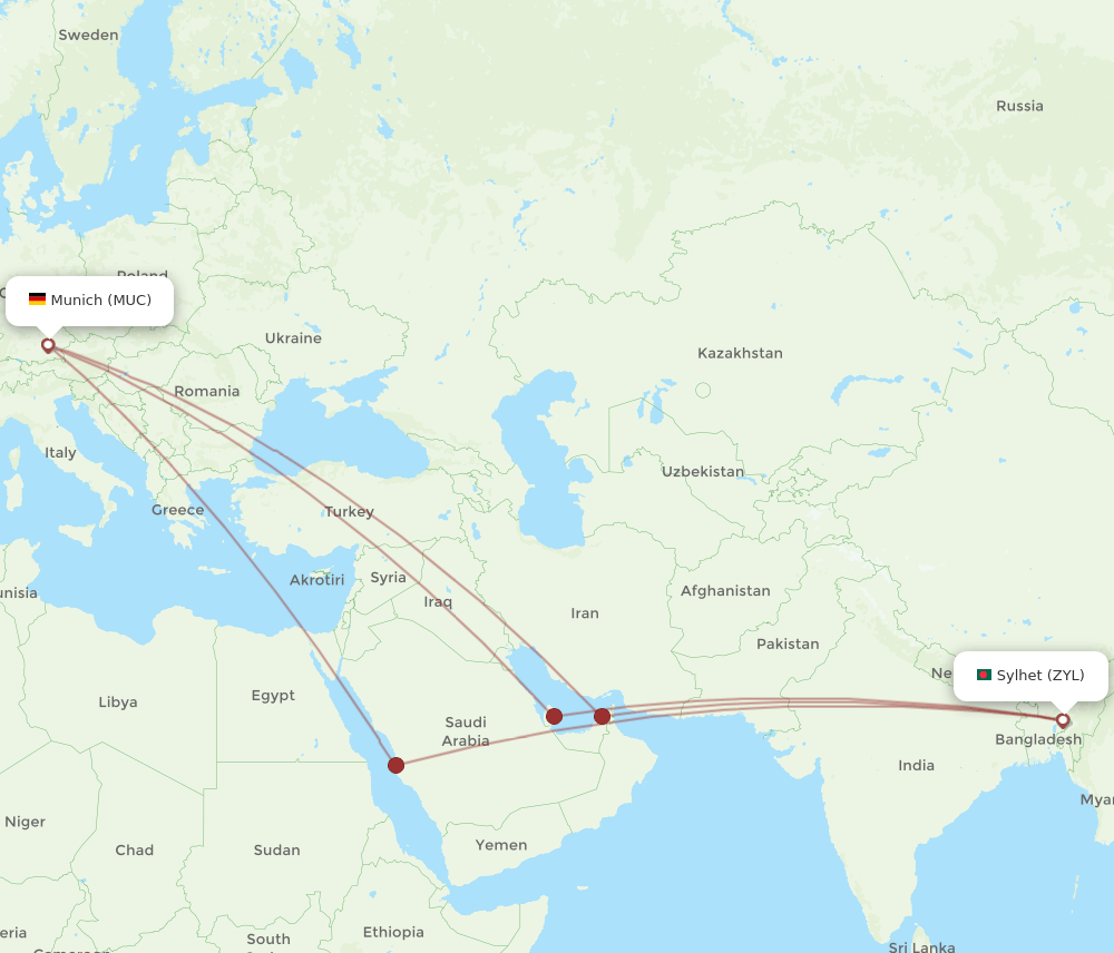 MUC-ZYL flight routes