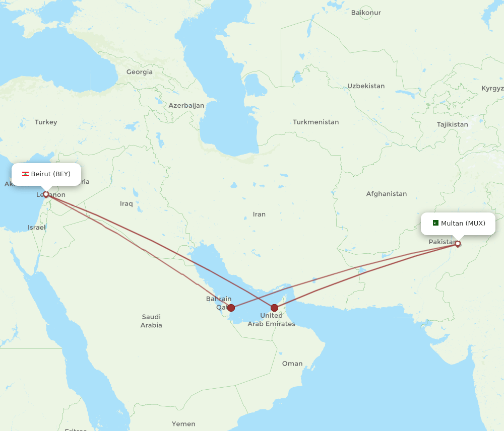 MUX to BEY flights and routes map