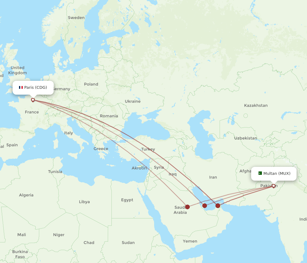 MUX to CDG flights and routes map