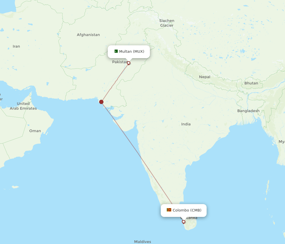 Colombo - Multan route map and flight paths