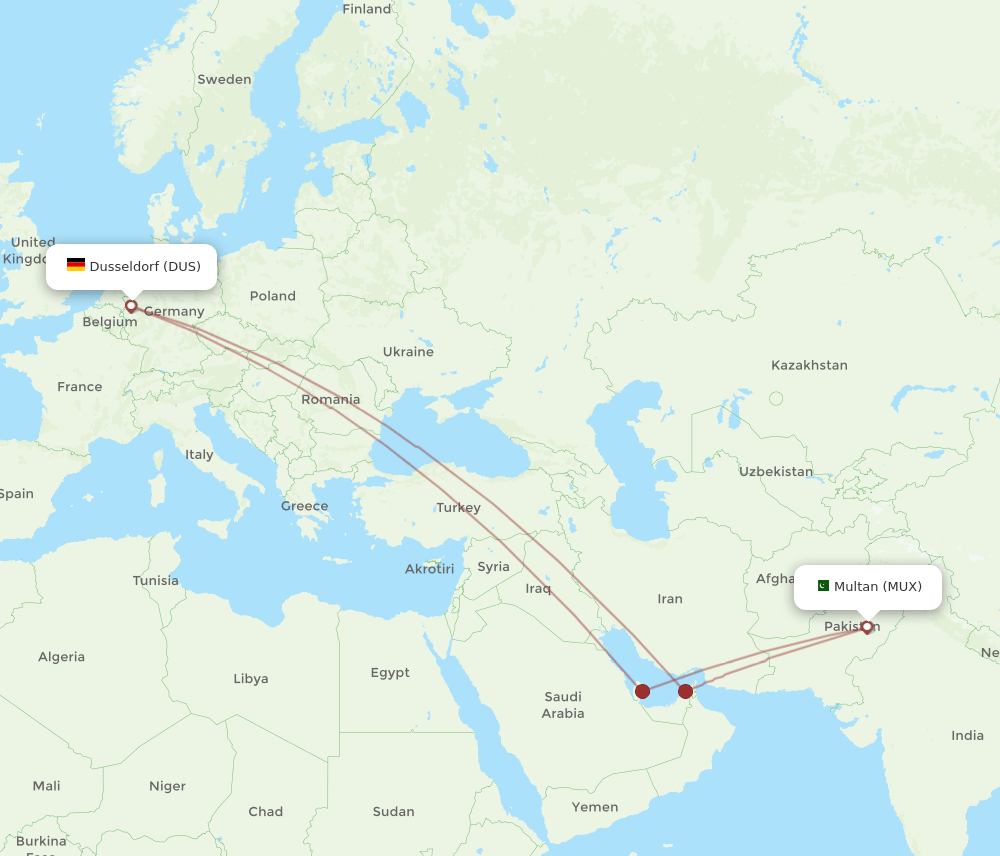 Dusseldorf - Multan route map and flight paths