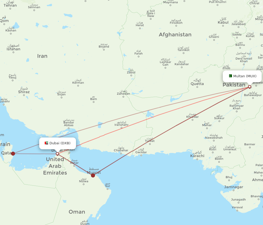 MUX to DXB flights and routes map