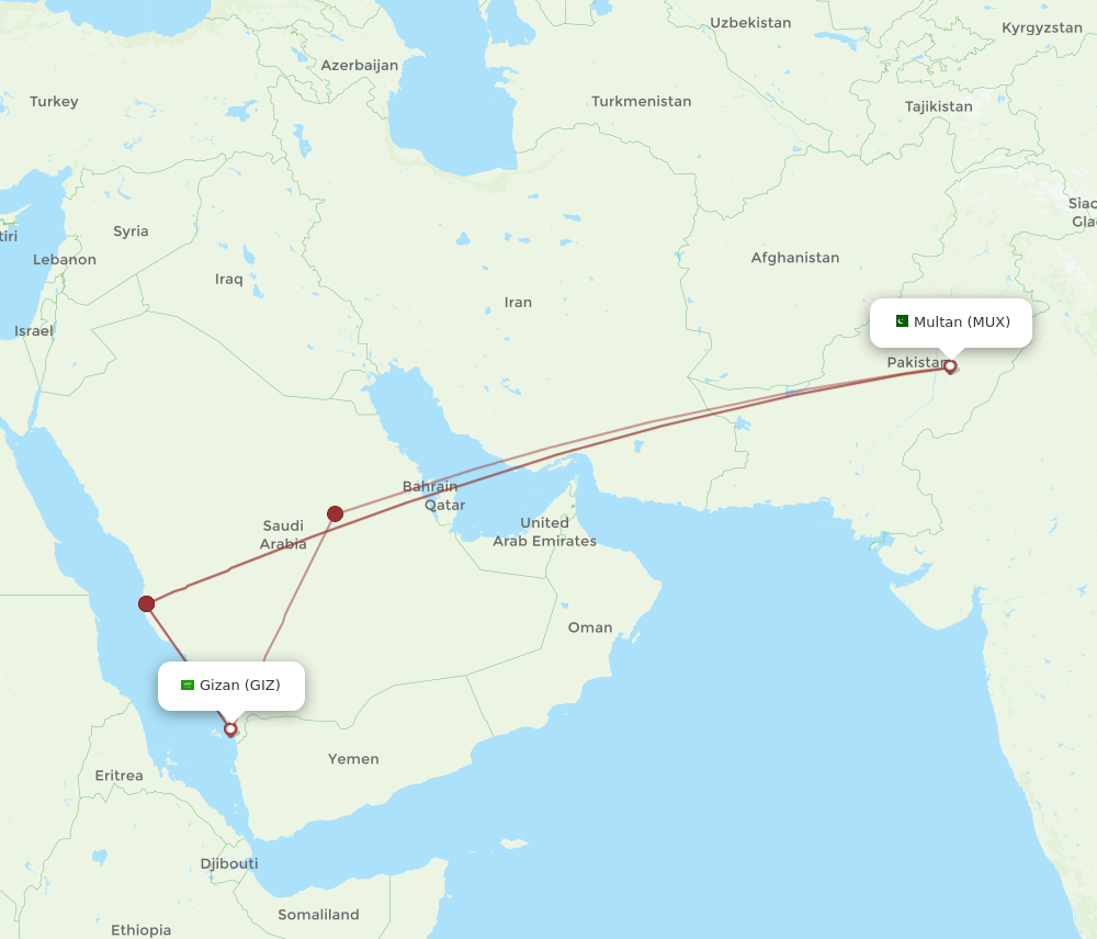 MUX to GIZ flights and routes map