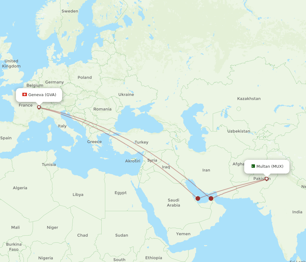 Geneva - Multan route map and flight paths