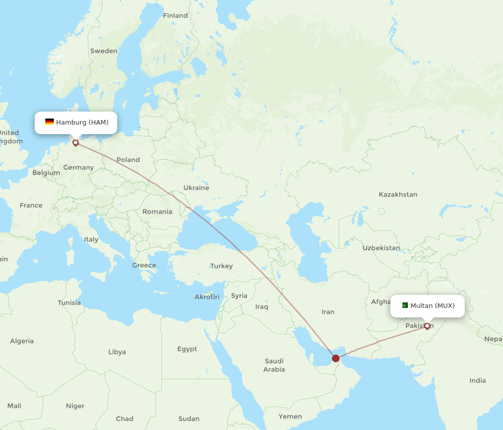 Hamburg - Multan route map and flight paths