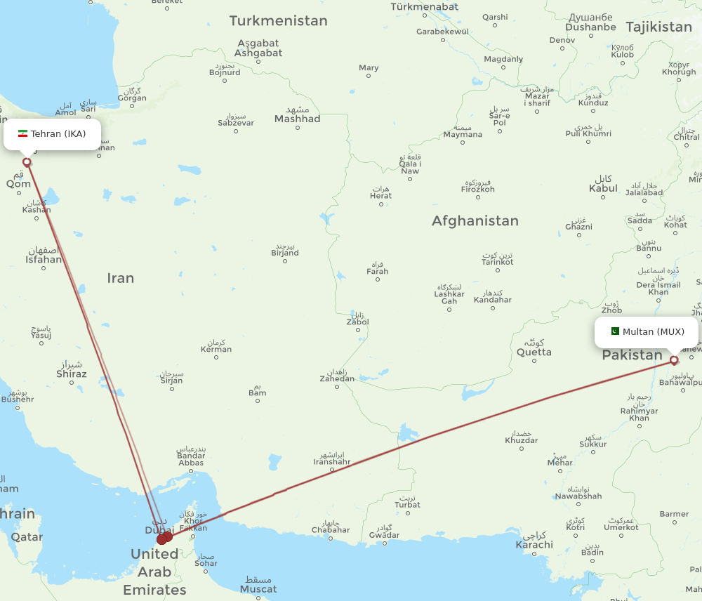 MUX to IKA flights and routes map
