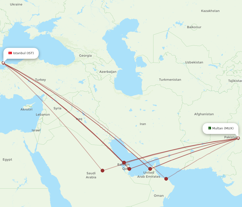 MUX to IST flights and routes map