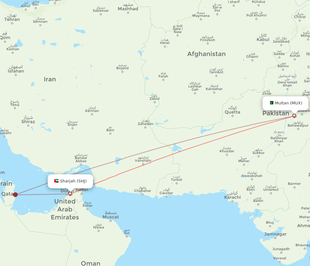 MUX to SHJ flights and routes map