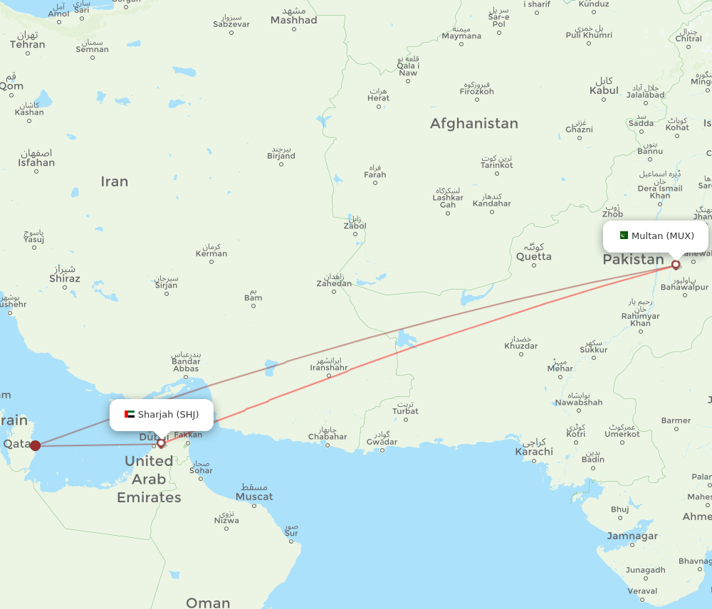 MUX to SHJ flights and routes map