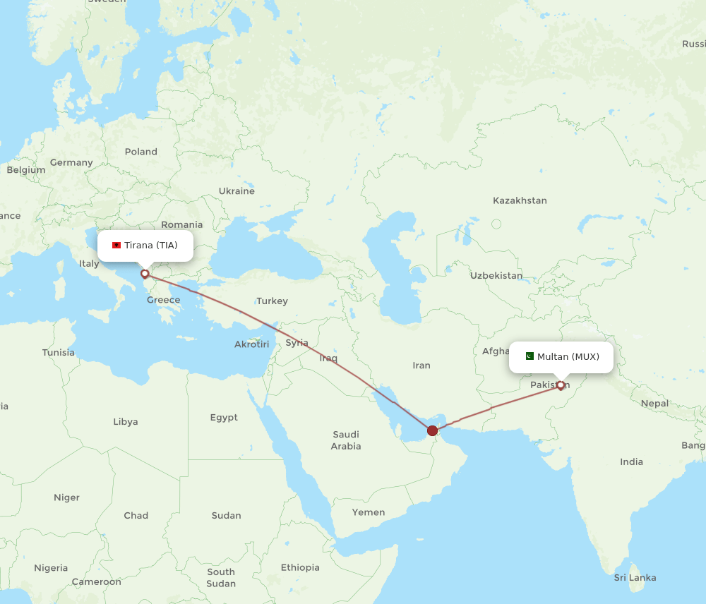 Tirana - Multan route map and flight paths