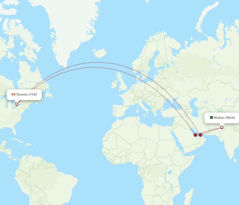 Toronto - Multan route map and flight paths