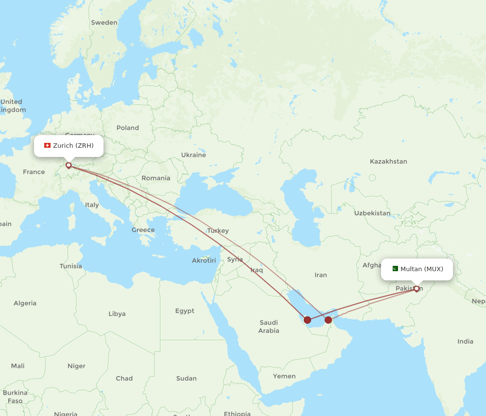 Zurich - Multan route map and flight paths