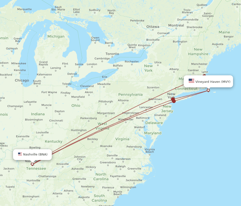 MVY to BNA flights and routes map