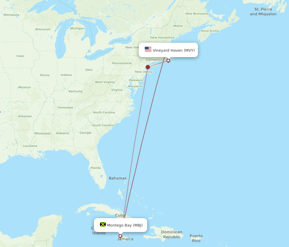 MVY to MBJ flights and routes map