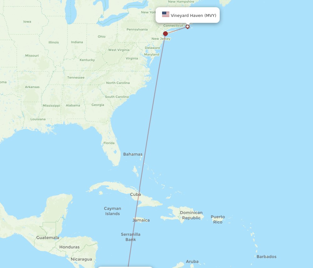 Panama City - Martha's Vineyard route map and flight paths