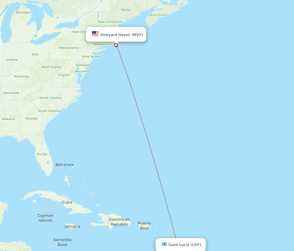 Martha's Vineyard - Saint Lucia route map and flight paths