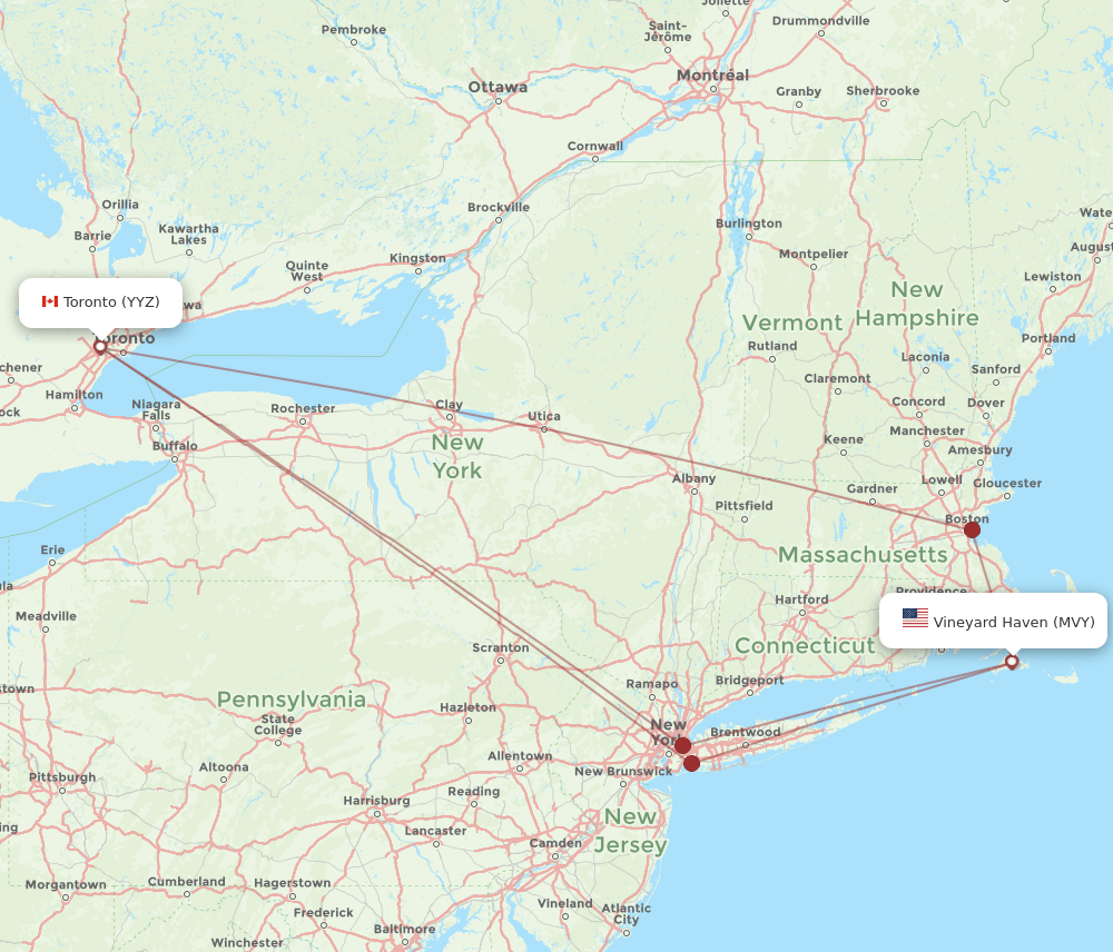 Toronto - Martha's Vineyard route map and flight paths
