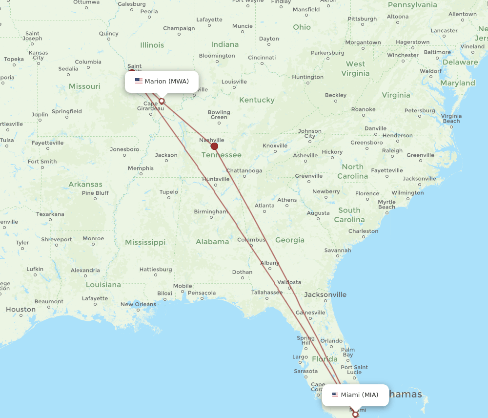 MWA to MIA flights and routes map