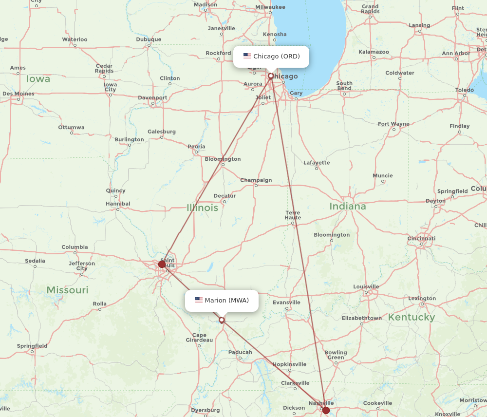 MWA to ORD flights and routes map