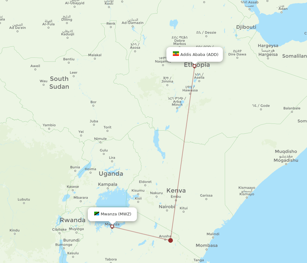MWZ to ADD flights and routes map