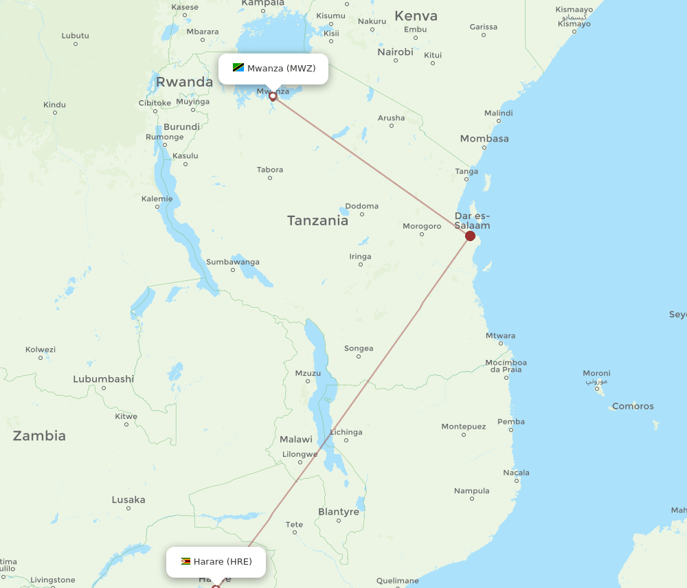 HRE to MWZ flights and routes map