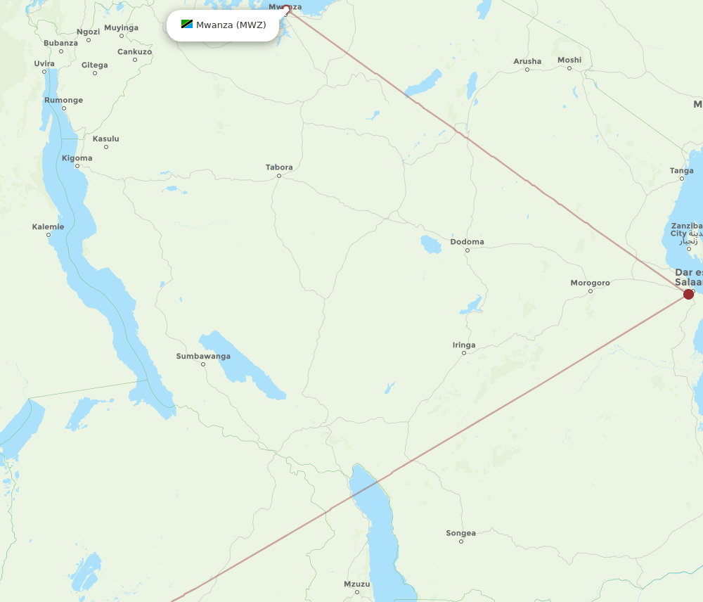 Ndola - Mwanza route map and flight paths