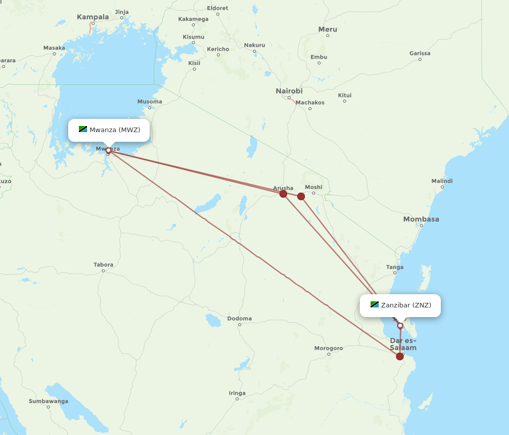 ZNZ to MWZ flights and routes map