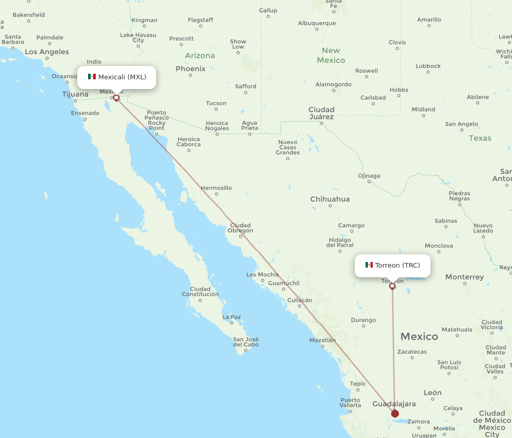 Torreon - Mexicali route map and flight paths