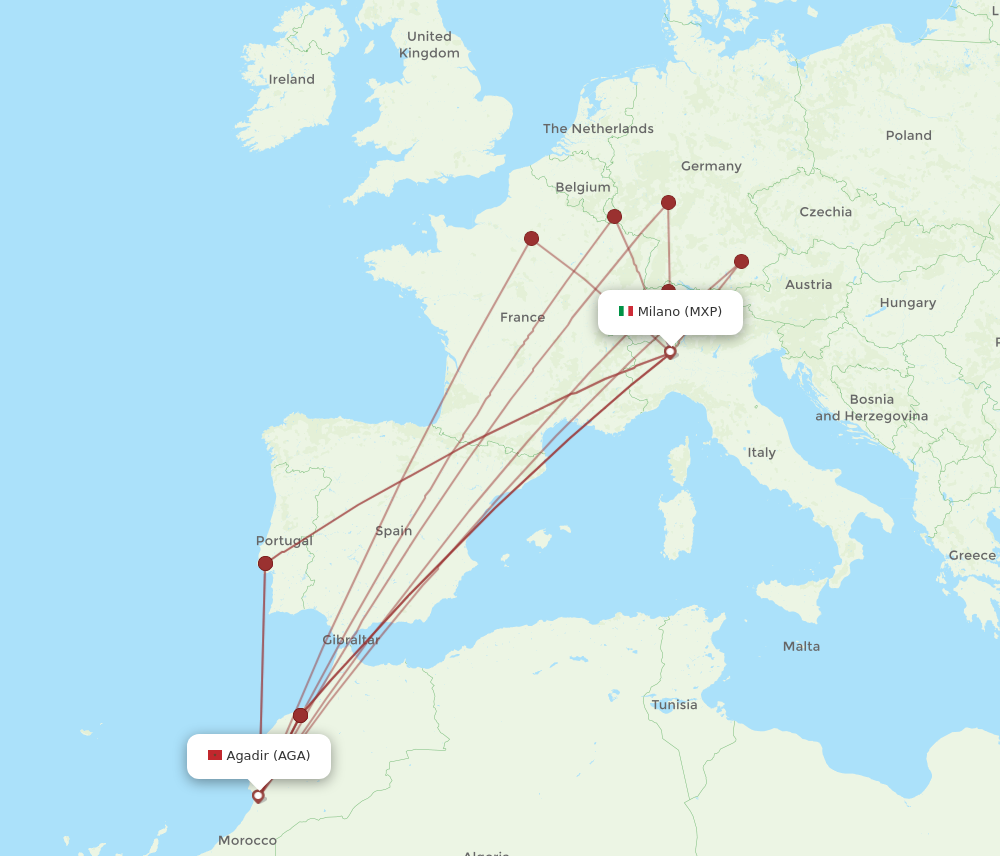 MXP to AGA flights and routes map