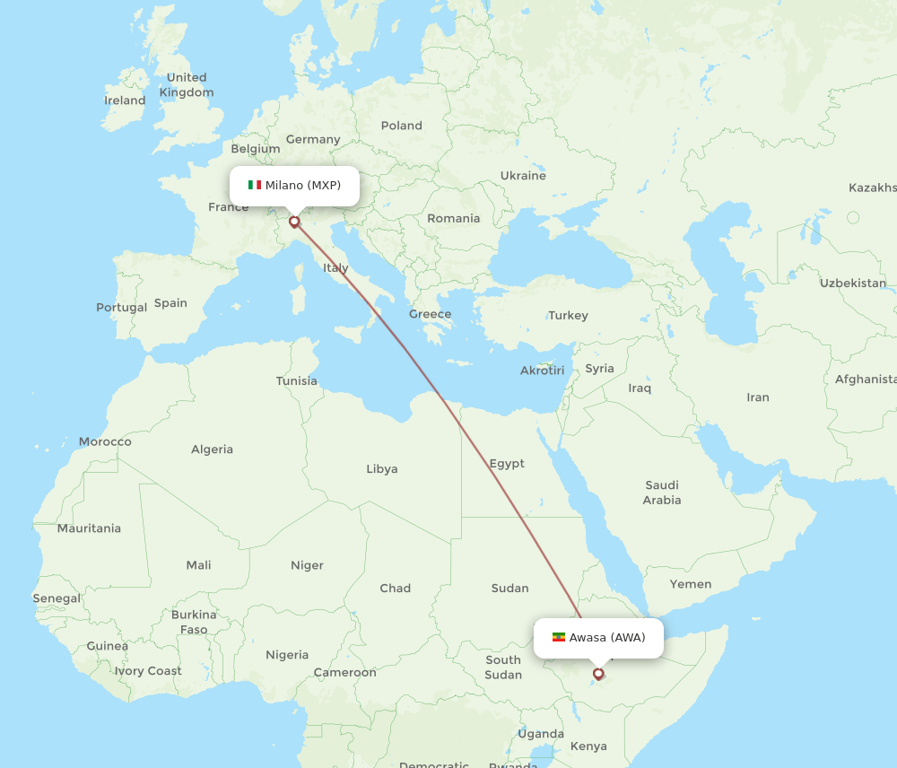 MXP to AWA flights and routes map