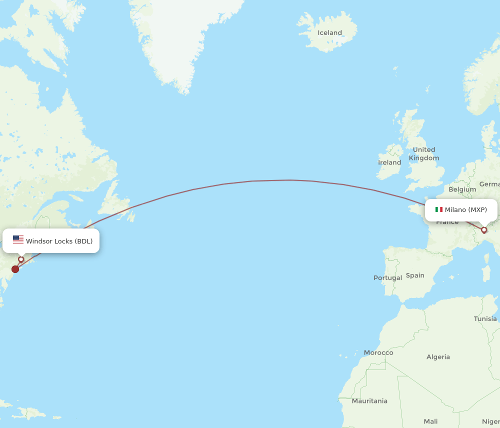 MXP to BDL flights and routes map