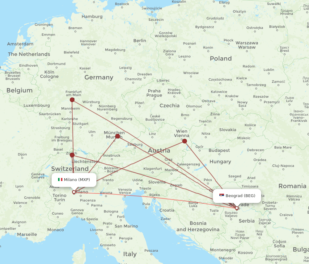 MXP to BEG flights and routes map