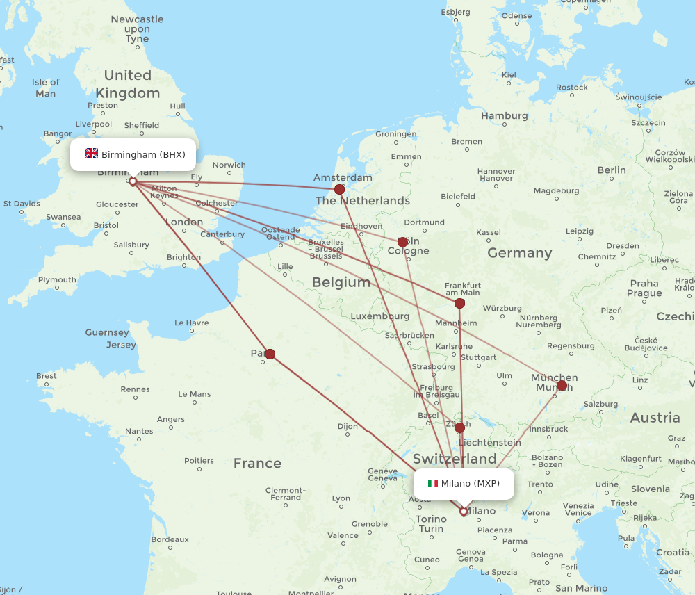 MXP to BHX flights and routes map