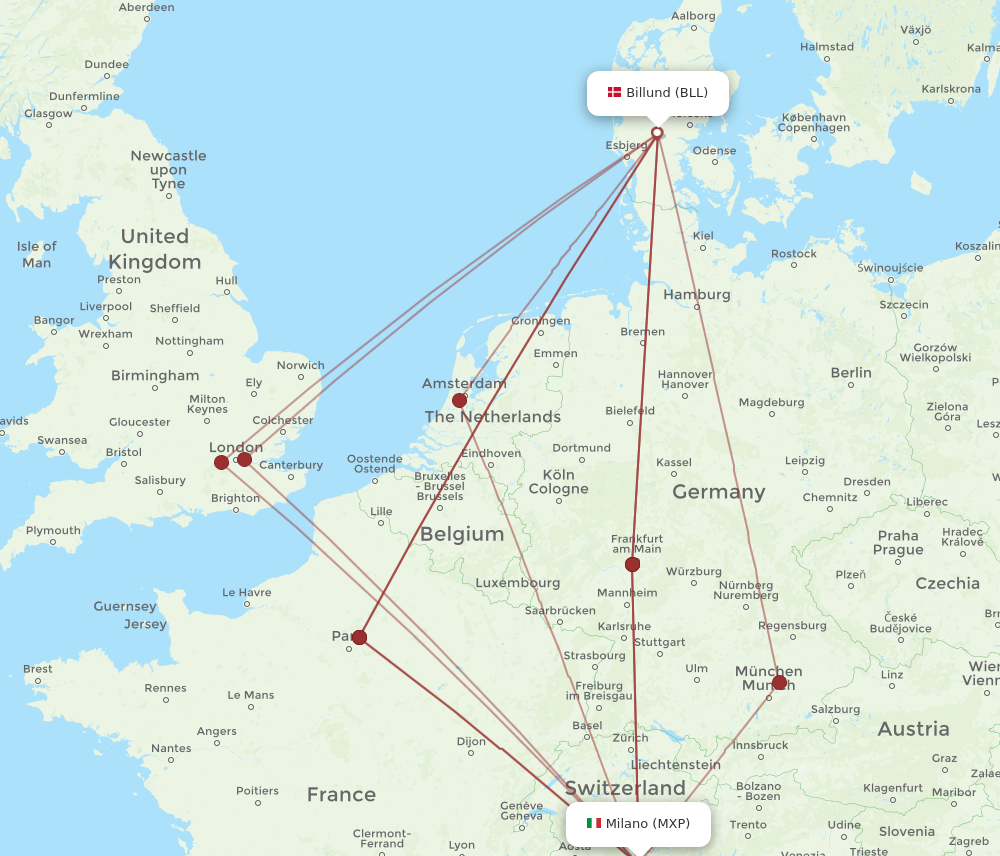 MXP to BLL flights and routes map