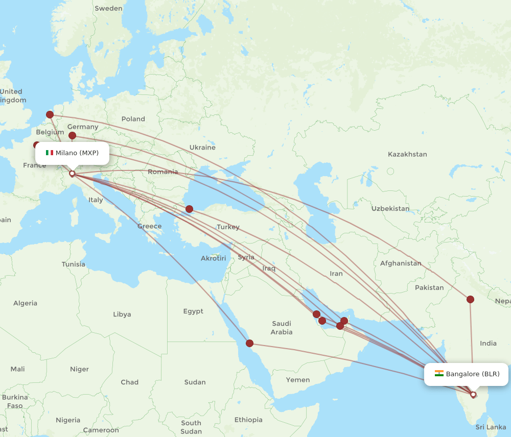 MXP-BLR flight routes
