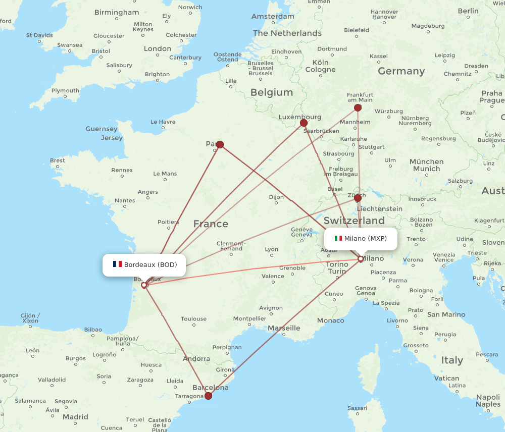 MXP to BOD flights and routes map
