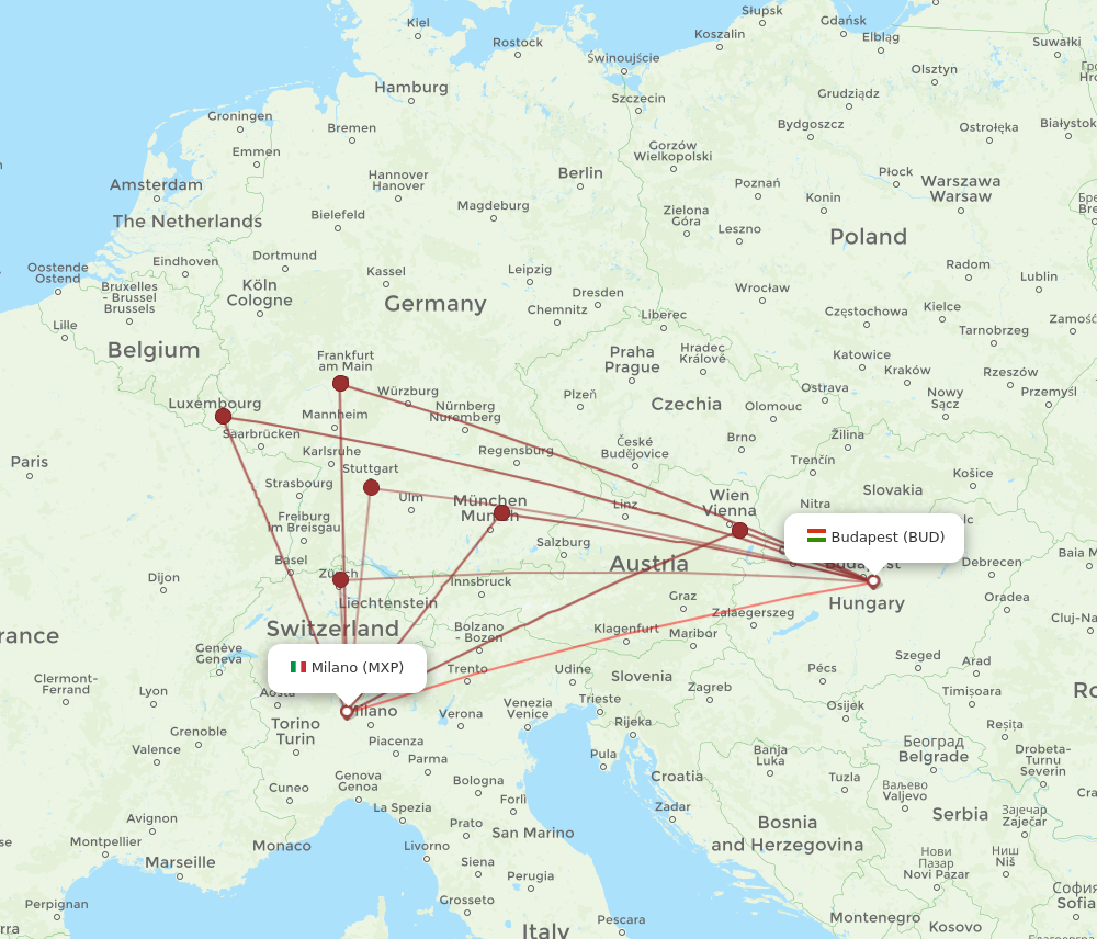 MXP to BUD flights and routes map