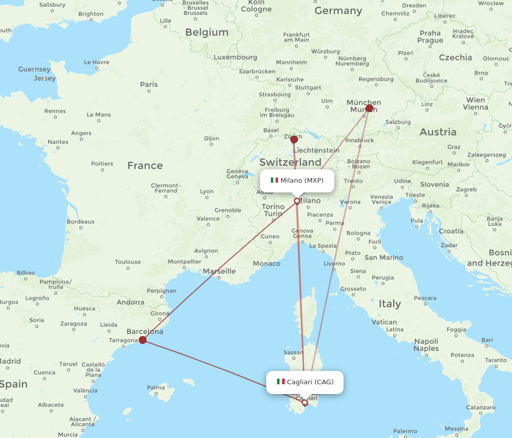 MXP to CAG flights and routes map