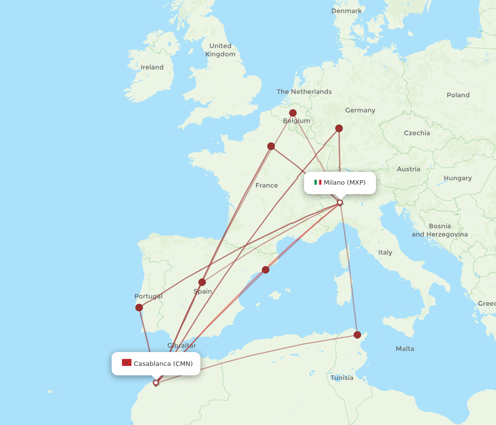 MXP to CMN flights and routes map
